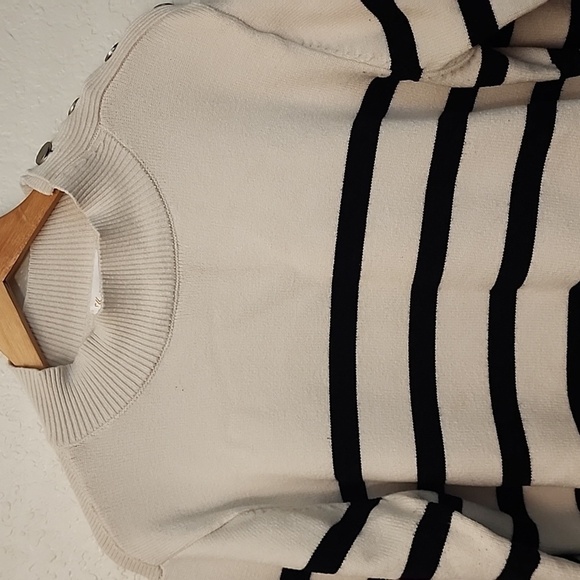 KIRUNDO Striped Knit Turtle Neck Sweater with Metal Shoulder Buttons - Picture 7 of 16